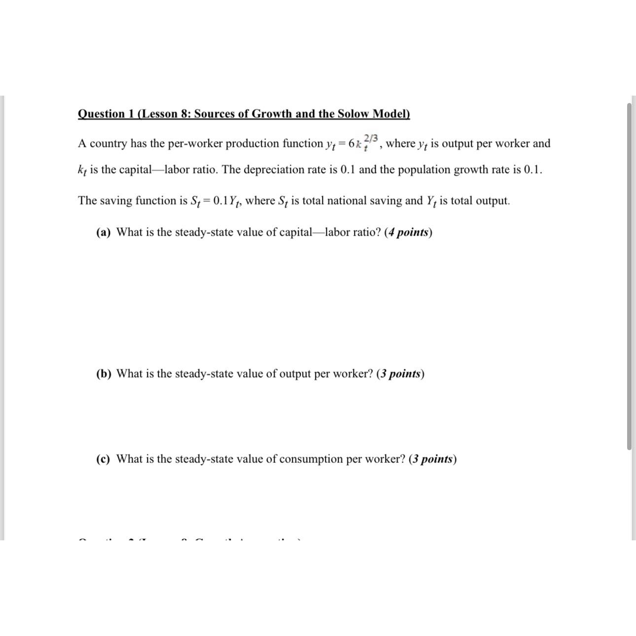 Solved Question 1 (Lesson 8: Sources of Growth and the Solow | Chegg.com