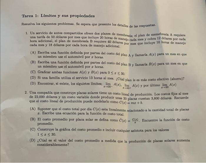 Resuelva los siguientes problemas. Se espera que presente los detallea de las respuestas. 1. Un servicio de autos compartidos