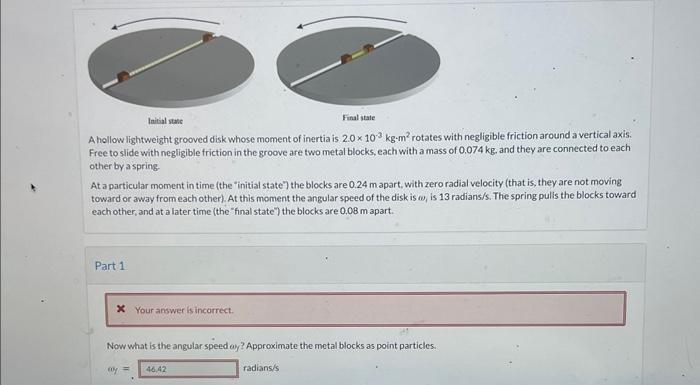 Initial state
Final state
A hollow lightweight grooved disk whose moment of inertia is 2.0 x 103 kg-m² rotates with negligibl