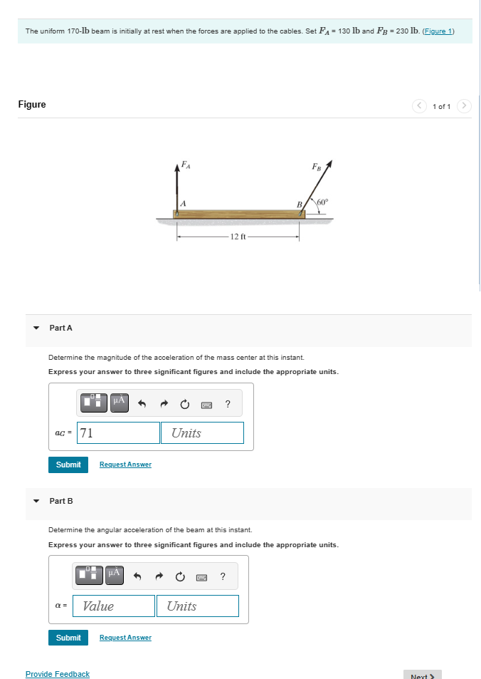 Solved The uniform 170 lb beam is initially at rest when Chegg com
