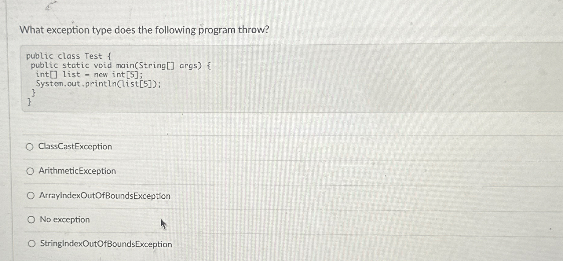 Solved What exception type does the following program | Chegg.com