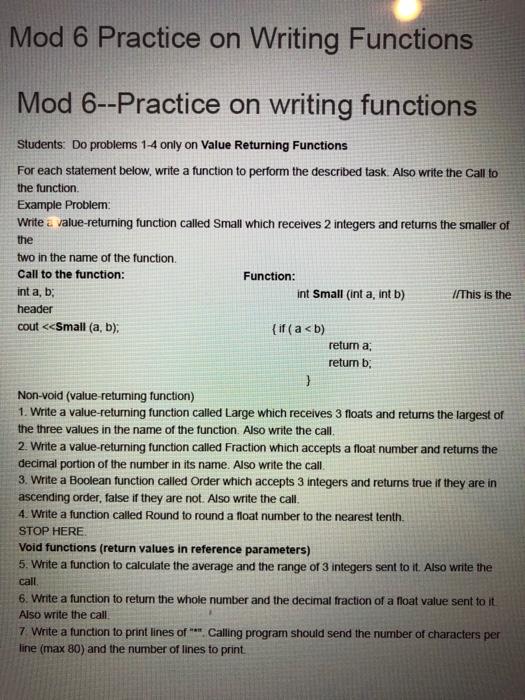 Solved C++ For each statement below, write a function to | Chegg.com