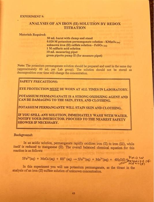 Solved Experiment 9: ANALYSIS OF AN IRON (ll) SOLUTION BY | Chegg.com