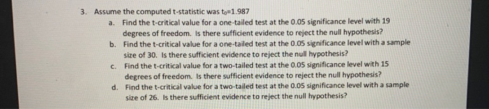 Solved 3 Assume The Computed T statistic Was To 1 987 A Chegg