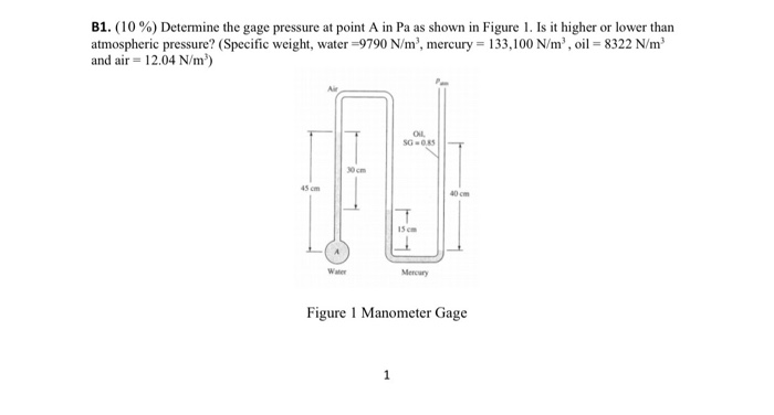Solved B1. (10%) Determine the gage pressure at point A in | Chegg.com
