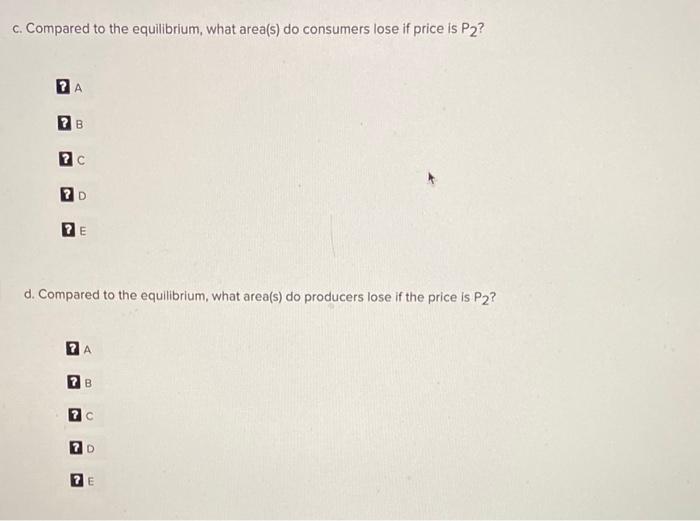 c. Compared to the equilibrium, what area(s) do consumers lose if price is \( \mathrm{P}_{2} \) ?
? \( { }^{A} \)
? \( \mathr