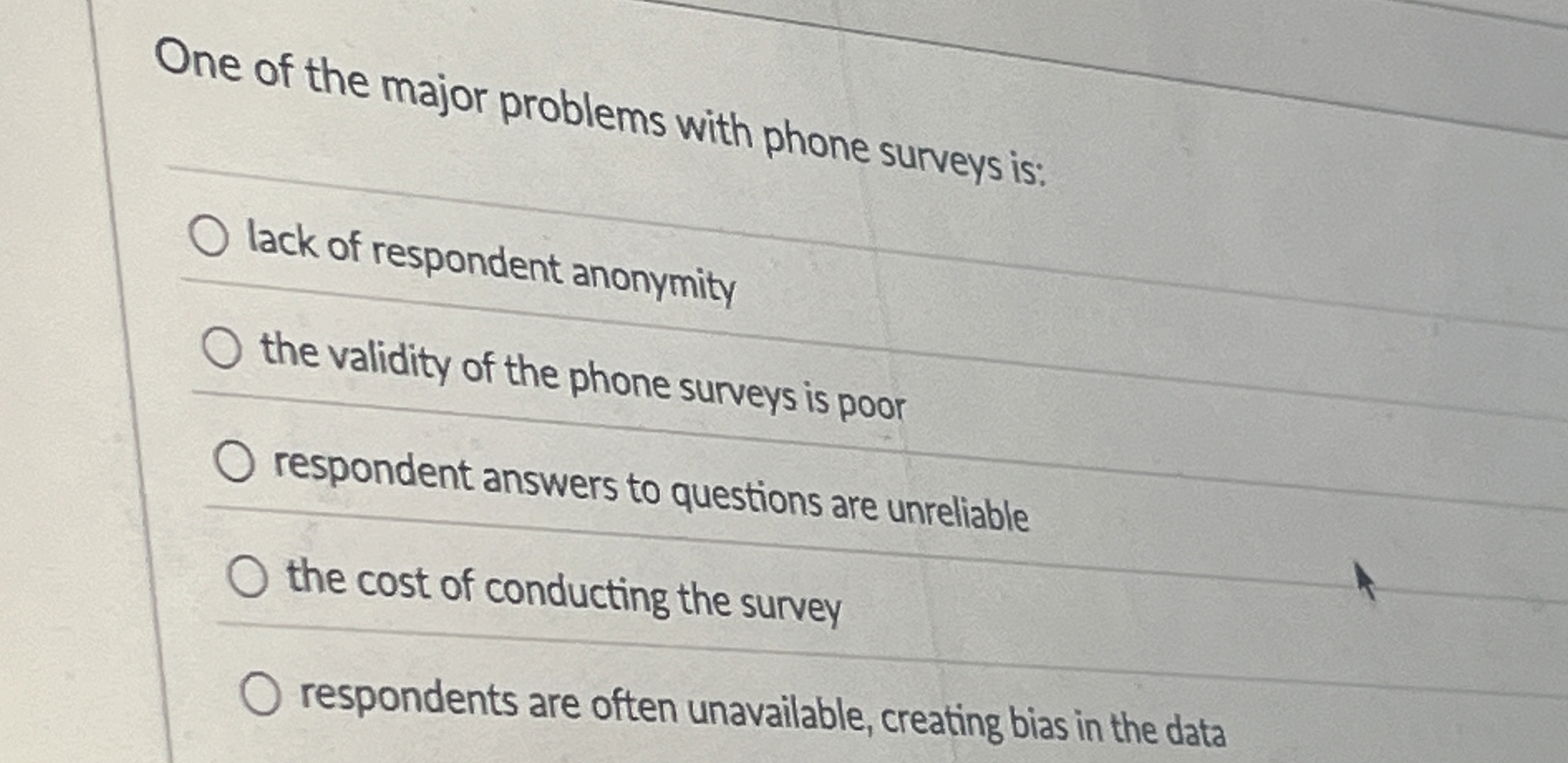 Solved One of the major problems with phone surveys is:lack | Chegg.com