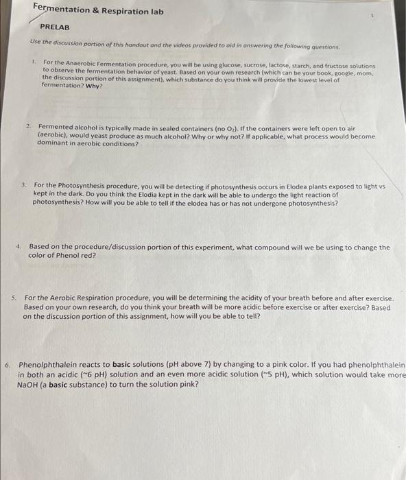 Solved Fermentation & Respiration lab PRELAB Use the | Chegg.com