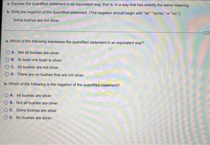 Solved a. Express the quantified statement in an equivalent | Chegg.com