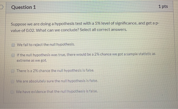 Solved Question 1 1 pts Suppose we are doing a hypothesis | Chegg.com