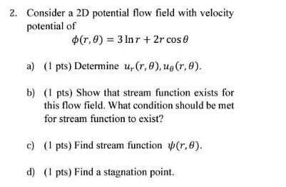 Solved 2. Consider a 2D potential flow field with velocity | Chegg.com