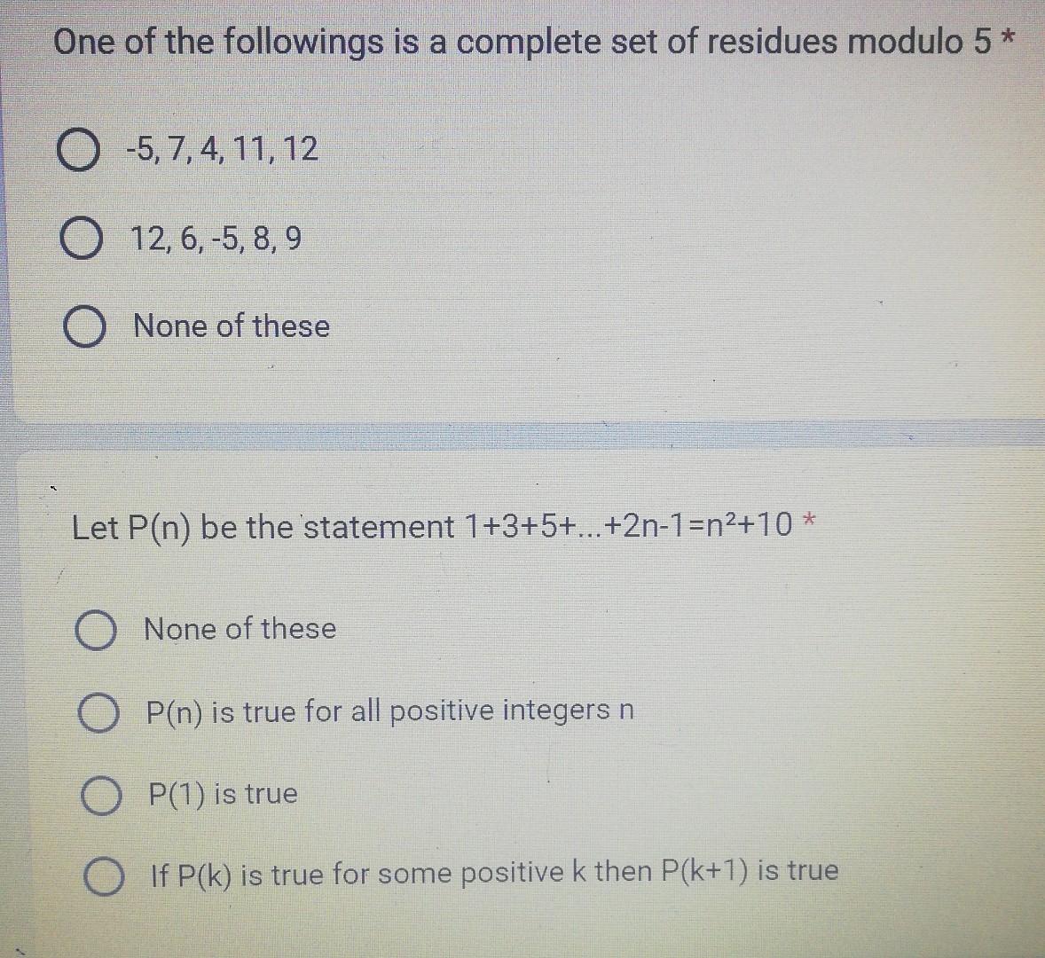 Solved One of the followings is a complete set of residues