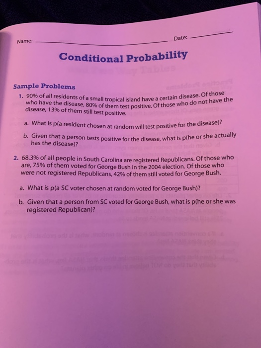 Solved Name: Date: Conditional Probability Sample Problems | Chegg.com