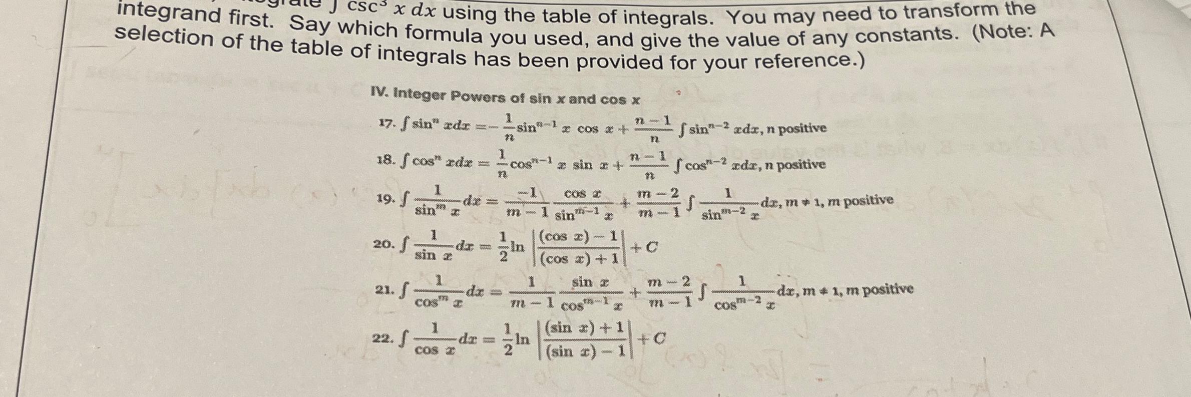 Solved Integrate ∫﻿﻿csc3xdx ﻿using The Table Of Integrals 9203