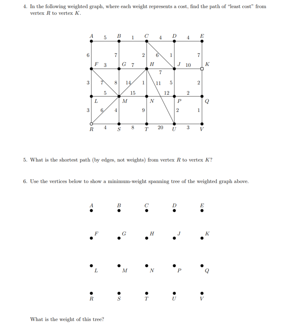 Solved 4. In the following weighted graph, where each weight | Chegg.com