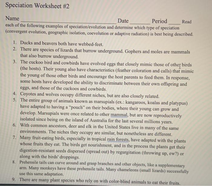 Speciation Worksheet 2 Name Date Period Read Each Of Chegg 