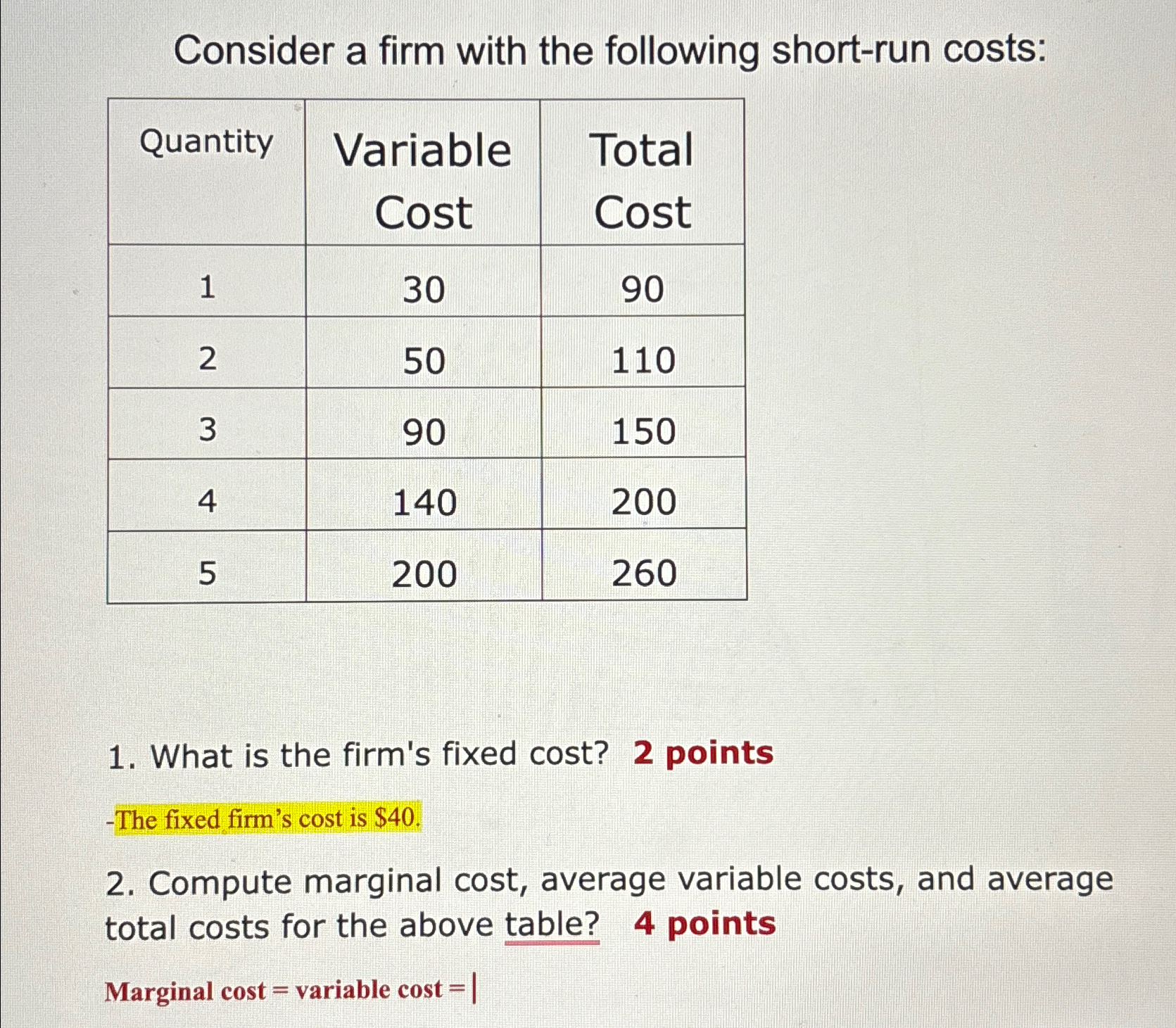 Solved Consider a firm with the following short-run | Chegg.com
