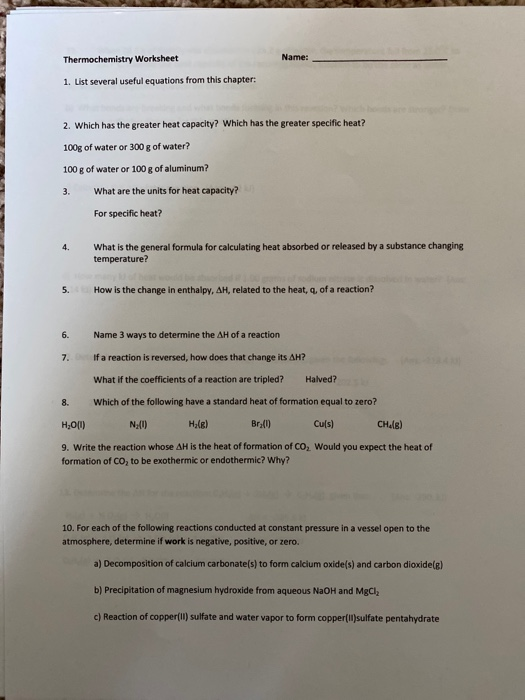 Solved Name Thermochemistry Worksheet 1 List Several Chegg