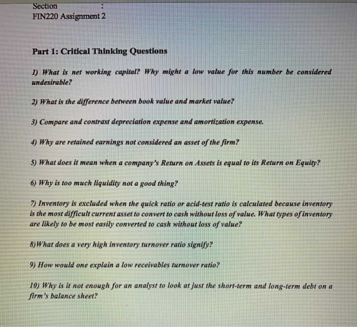 Solved Section FIN220 Assignment 2 Part 1: Critical Thinking | Chegg.com