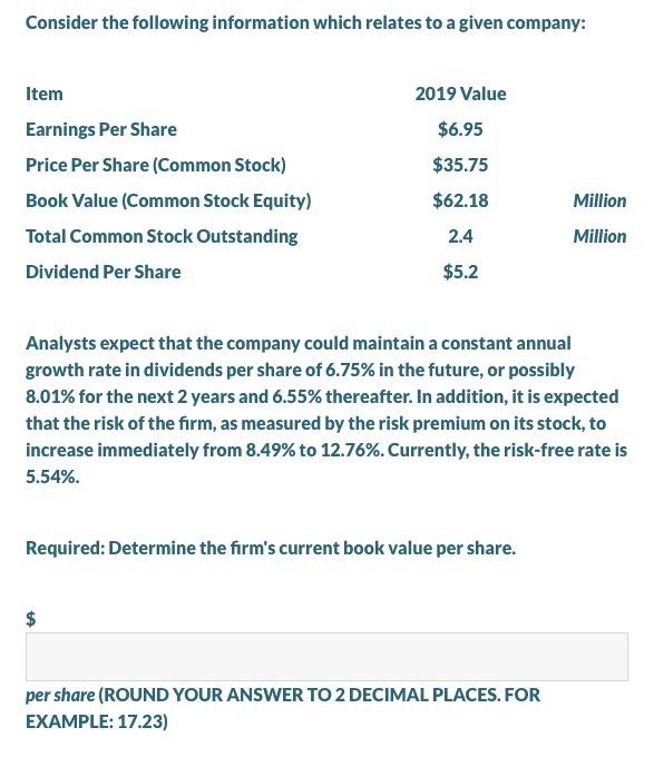 Consider the following information which relates to a given company: Item Earnings Per Share Price Per Share (Common Stock) B