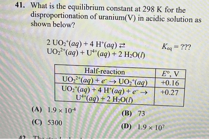 11. What is the equilibrium constant at \( 298 \mathrm{~K} \) for the disproportionation of uranium(V) in acidic solution as 