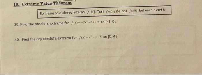 Solved 10. Extreme Value Theorem Extrema on a closed | Chegg.com