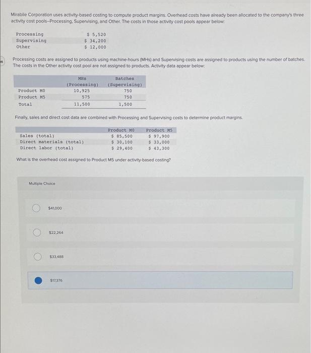 Solved Mirabile Corporation uses activitybased costing to
