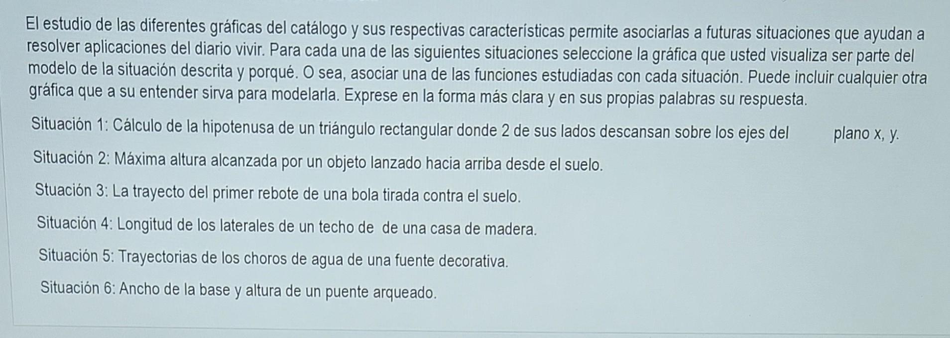 El estudio de las diferentes gráficas del catálogo y sus respectivas características permite asociarlas a futuras situaciones