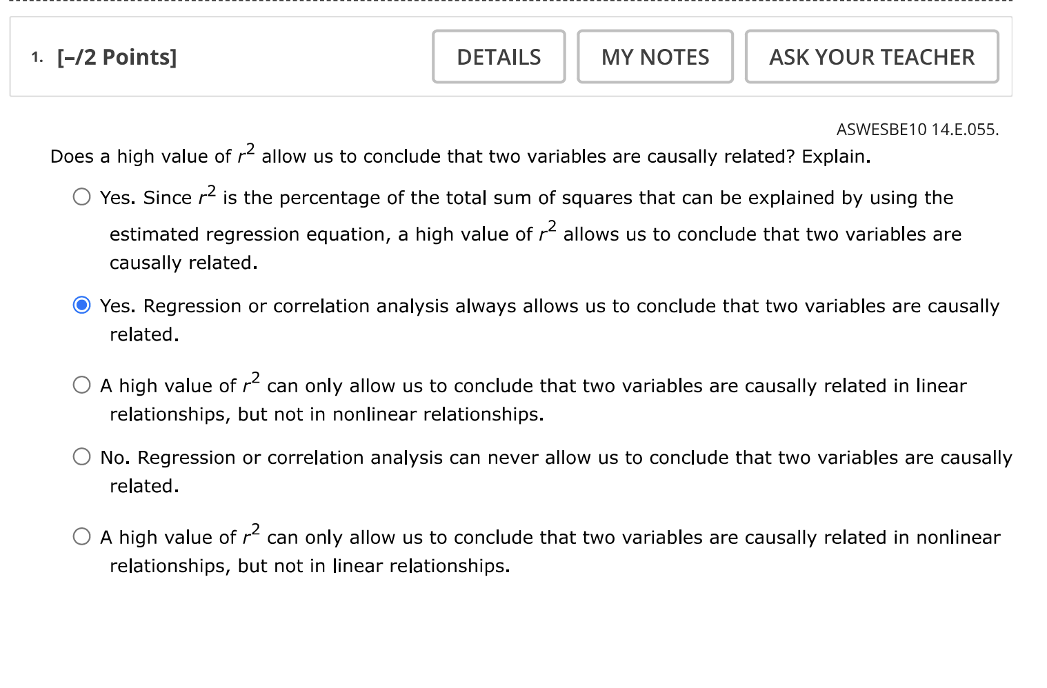 Solved ASWESBE10 14.E.055.Does a high value of \( ﻿r^{2} \) | Chegg.com