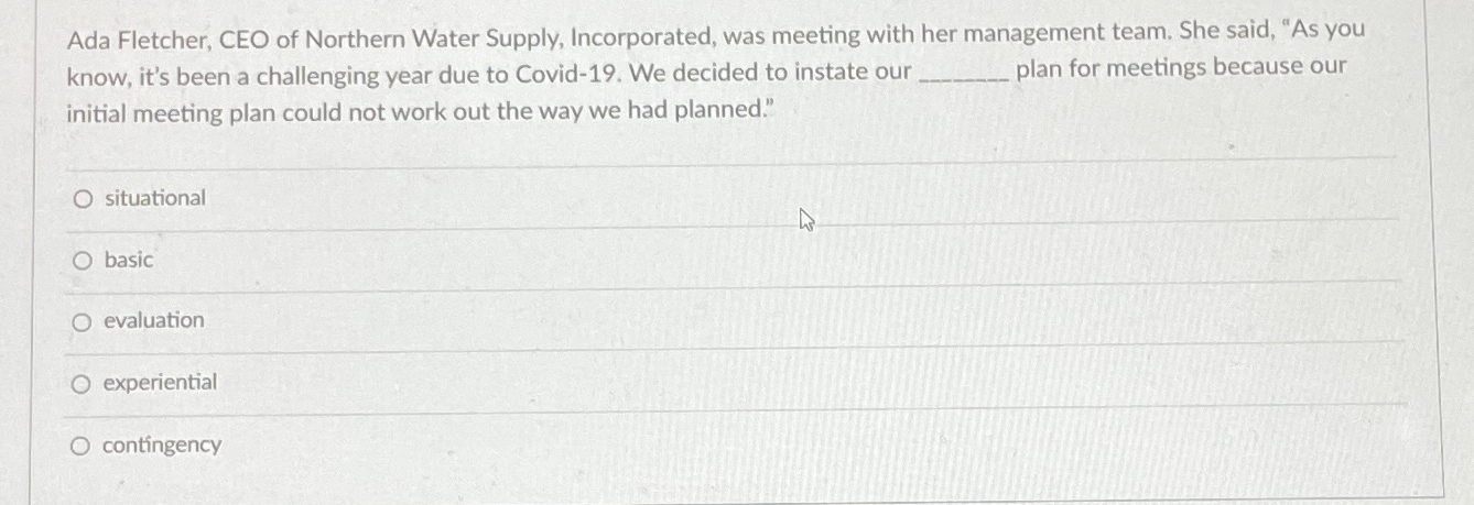 Solved Ada Fletcher, CEO of Northern Water Supply, | Chegg.com