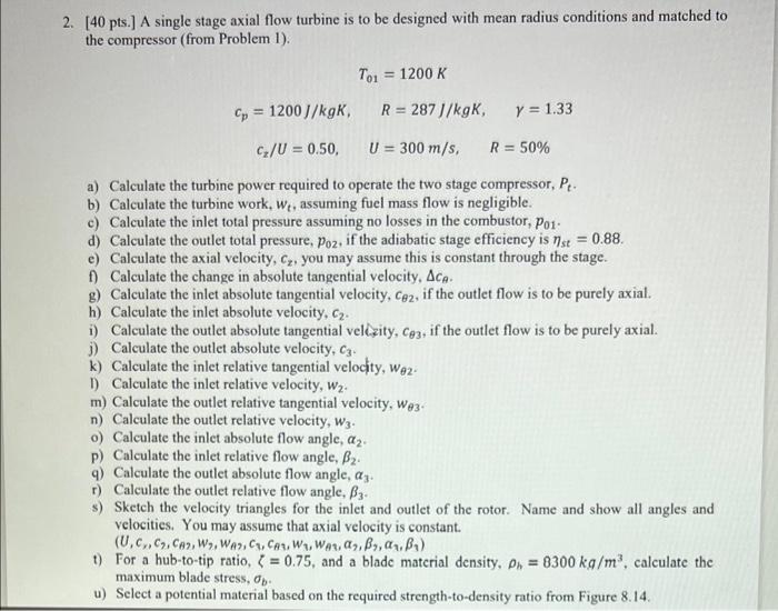Solved 2. [ 40pts.] A single stage axial flow turbine is to | Chegg.com