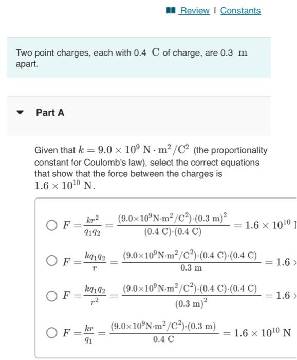 Solved Two Point Charges, Each With 0.4 C Of Charge, Are 0.3 | Chegg ...