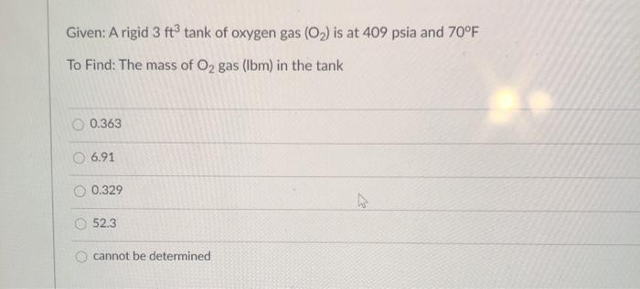Solved Given: A rigid 3 ft* tank of oxygen gas (O) is at 409 | Chegg.com