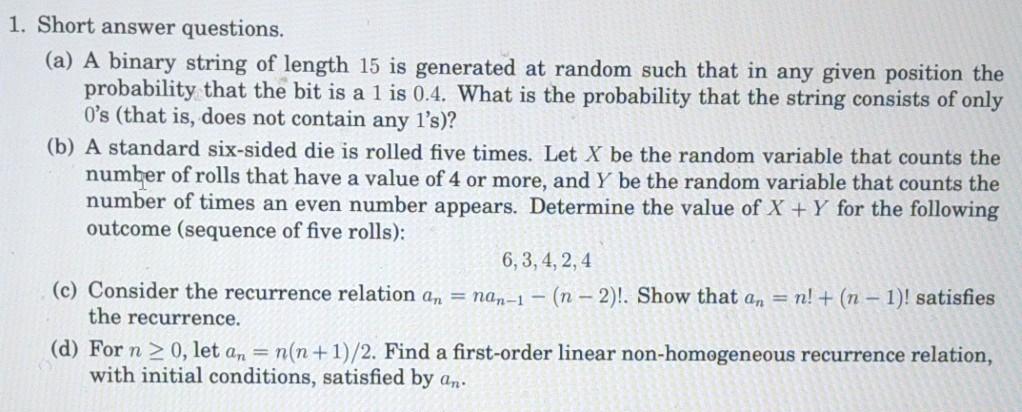 Solved 1. Short answer questions. (a) A binary string of | Chegg.com