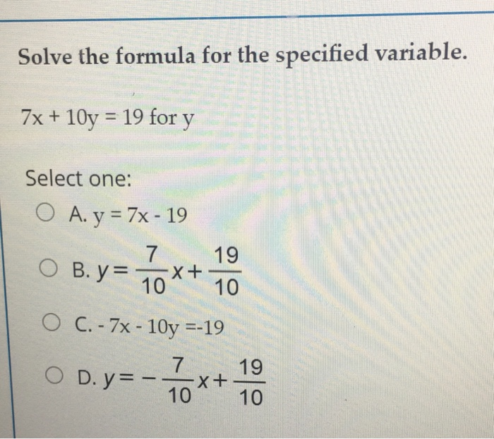 Solved Solve the formula for the specified variable. 7x + | Chegg.com