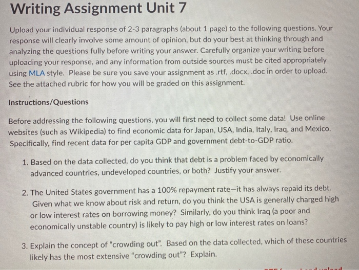 Solved: Writing Assignment Unit 7 Upload Your Individual R... | Chegg.com