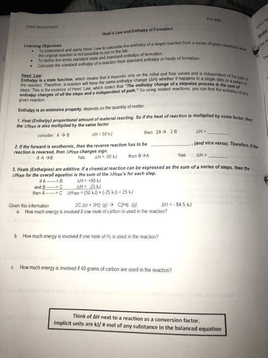 Solved Fiu 1045 Worksheets Hess S Law And Enthalpy Of Fo Chegg Com