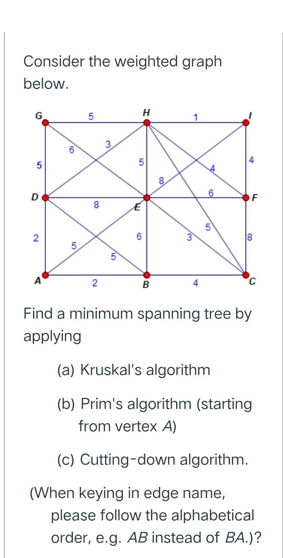 Solved Consider the weighted graph below. G 5 H 1 3 6 th 5 5 | Chegg.com