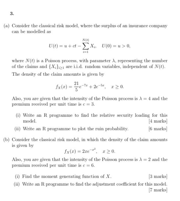 3. (a) Consider the classical risk model, where the | Chegg.com