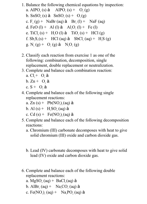 Solved 1 Balance The Following Chemical Equations By Ins Chegg Com