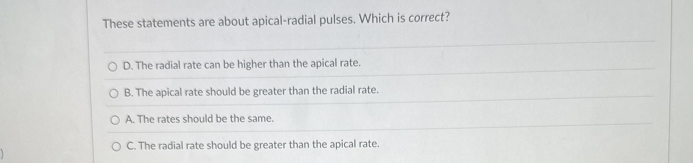 Solved These statements are about apical-radial pulses. | Chegg.com