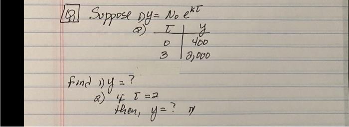 Q. Suppose Dy \( y=N_{0} e^{k \tau} \) ه) find 1\( ) y= \) ? 2) if \( \tau=2 \) then, \( y= \) ? \( \pi \)