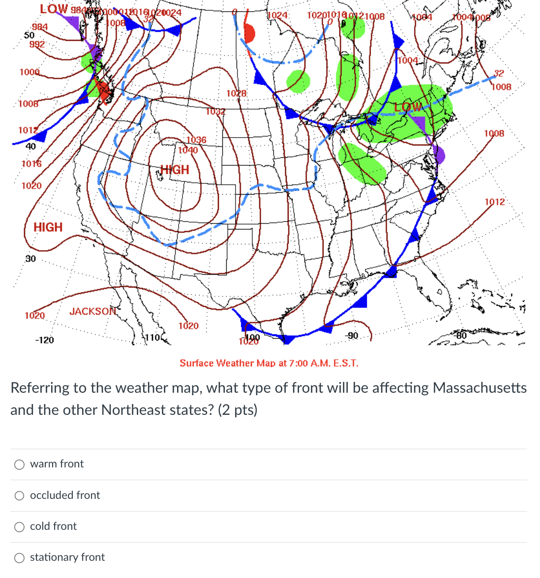 Solved Surface Weather Map at 7:00 ﻿A.M. ﻿E.S.T.Referring to | Chegg.com
