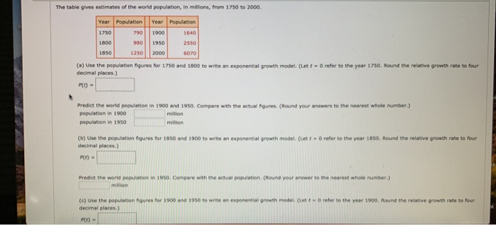 Solved The table gives estimates of the world population, In | Chegg.com
