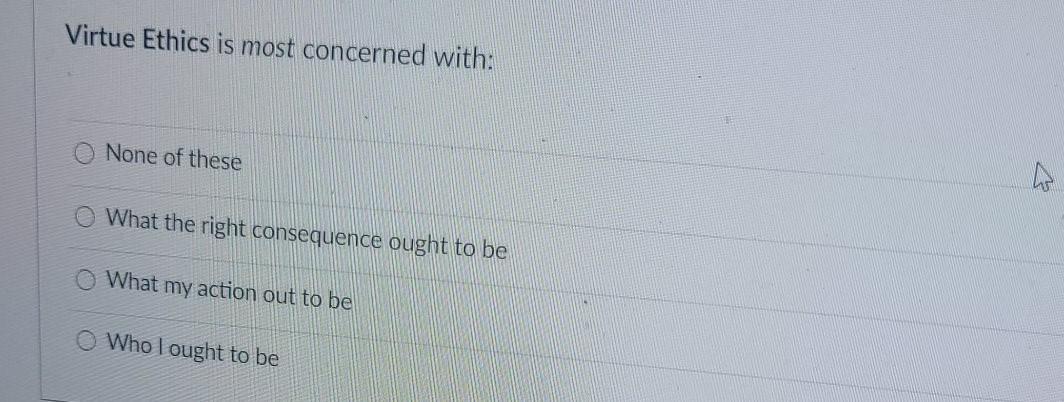 Solved Virtue Ethics is most concerned with: None of these | Chegg.com
