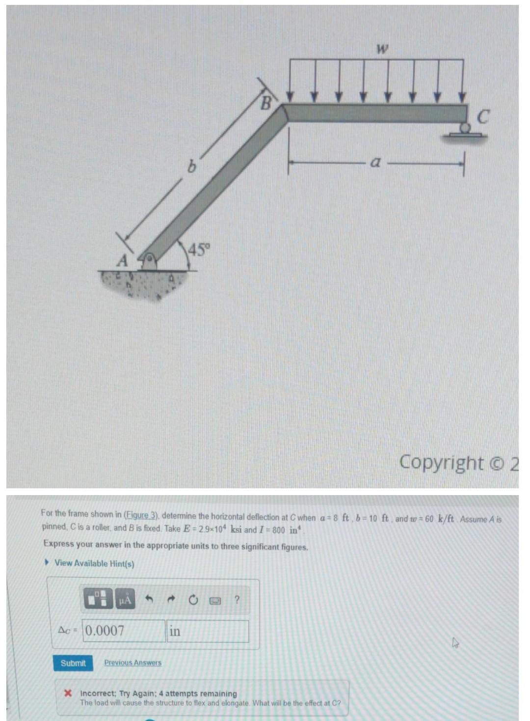 Solved b B a 45° A Copyright © 2 For the frame shown in | Chegg.com