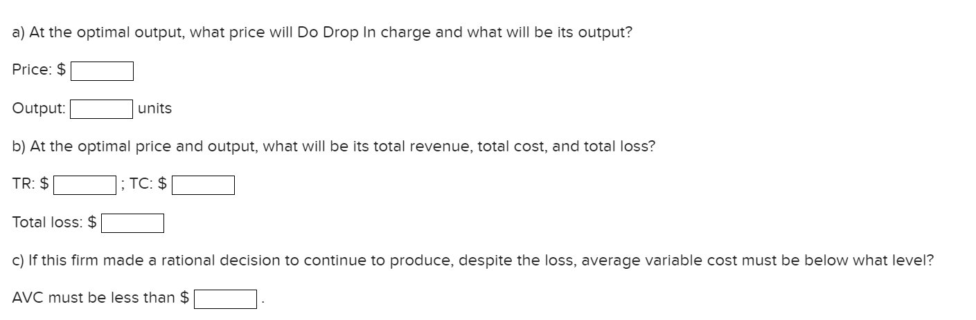 Solved a) ﻿At the optimal output, what price will Do Drop In | Chegg.com