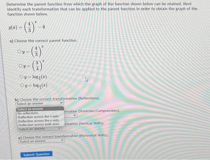 Determine the parent function from which the graph of the function shown below can be otained. Next identify each transformat