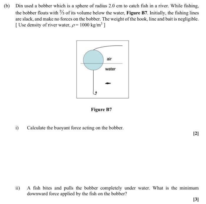 Din used a bobber which is a sphere of radius \( 2.0 \mathrm{~cm} \) to catch fish in a river. While fishing, the bobber floa