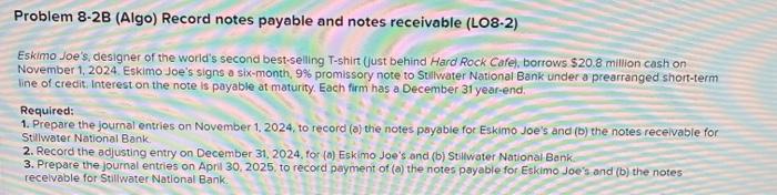 Problem 8-2B (Algo) Record notes payable and notes receivable (LO8-2)
Eskimo Joes, designer of the worlds second best-selli